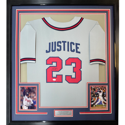 Framed Autographed/Signed David Justice 35x39 Atlanta Grey Baseball Jersey JSA COA