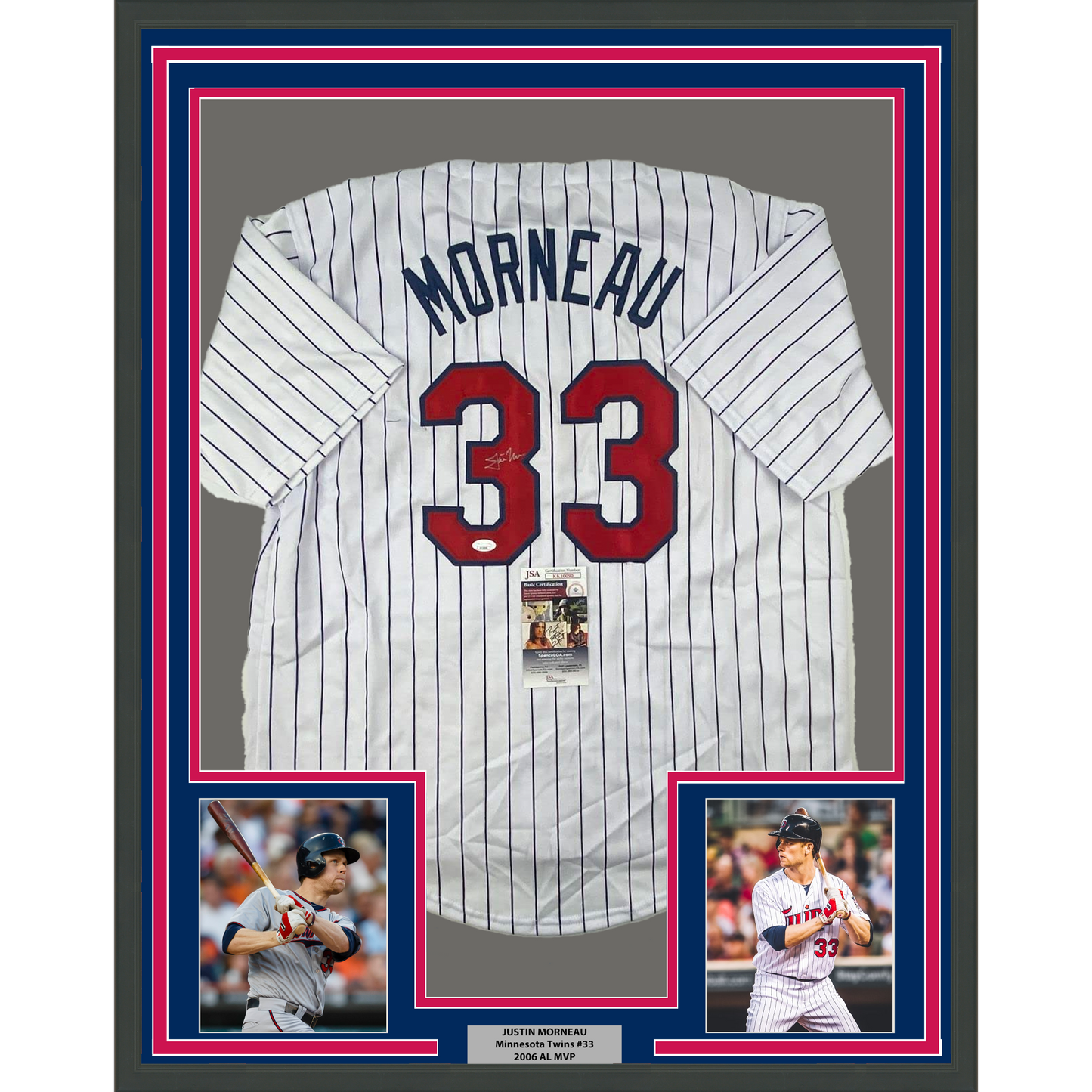 Framed Autographed/Signed Justin Morneau 35x39 Minnesota Pinstripe Baseball Jersey JSA COA