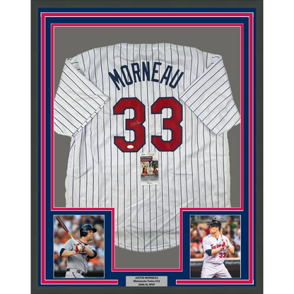 Framed Autographed/Signed Justin Morneau 35x39 Minnesota Pinstripe Baseball Jersey JSA COA