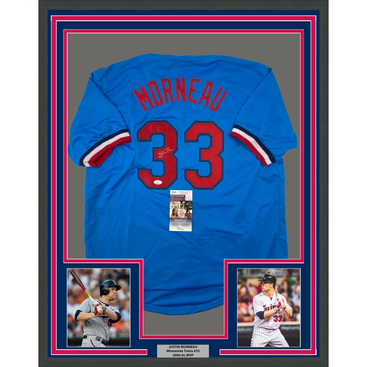 Framed Autographed/Signed Justin Morneau 35x39 Minnesota Retro Blue Baseball Jersey JSA COA