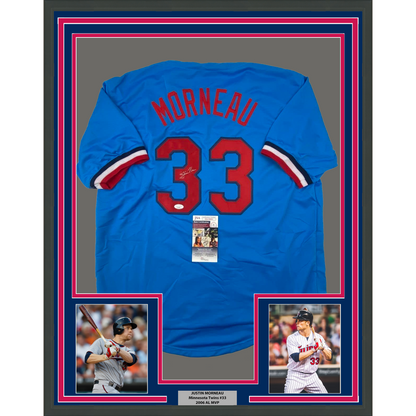 Framed Autographed/Signed Justin Morneau 35x39 Minnesota Retro Blue Baseball Jersey JSA COA