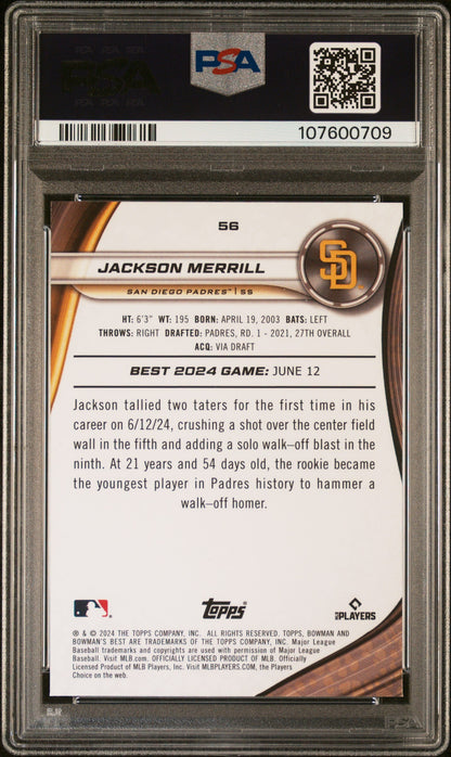 Graded 2024 Topps Bowmans Best Jackson Merrill #56 Wave Rookie RC Baseball Card PSA 10 Gem Mint