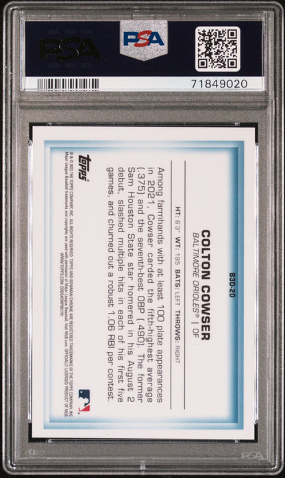 Graded 2022 Topps Bowman Colton Cowser #B3D20 Chrome Bowman In 3D Gold Refractor #/50 Rookie RC Baseball Card PSA 10 Gem Mint
