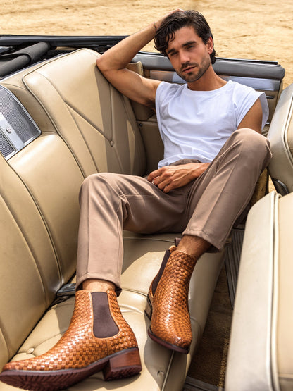 CALTO - K30522 - 3.3 Inches Taller (Brown) - Woven Chelsea High-Top Slip-On Ankle Boots - Triathlete Store