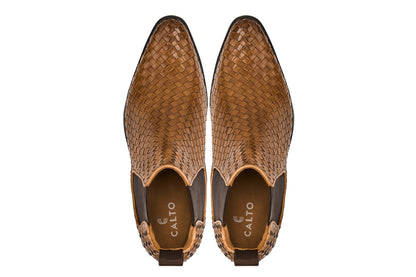 CALTO - K30522 - 3.3 Inches Taller (Brown) - Woven Chelsea High-Top Slip-On Ankle Boots - Triathlete Store