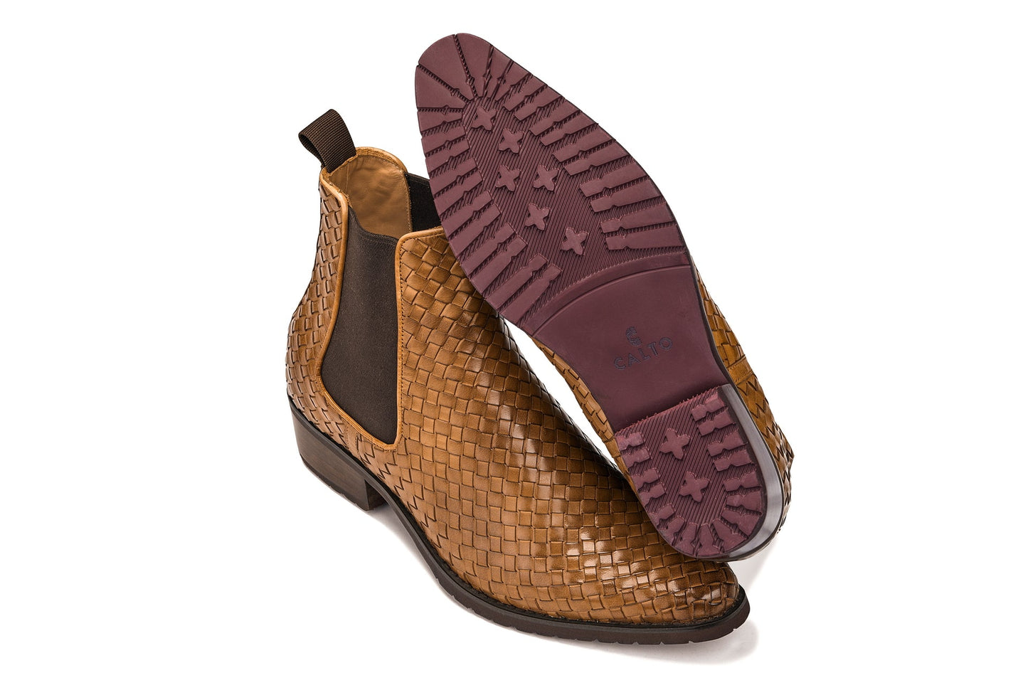 CALTO - K30522 - 3.3 Inches Taller (Brown) - Woven Chelsea High-Top Slip-On Ankle Boots - Triathlete Store