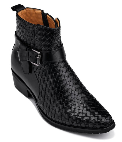CALTO - K30523 - 3.3 Inches Taller (Black) - Woven High-Top Ankle Buckle Zipper Boots - Triathlete Store