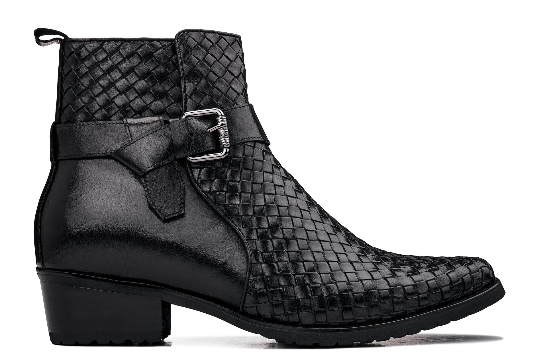 CALTO - K30523 - 3.3 Inches Taller (Black) - Woven High-Top Ankle Buckle Zipper Boots - Triathlete Store