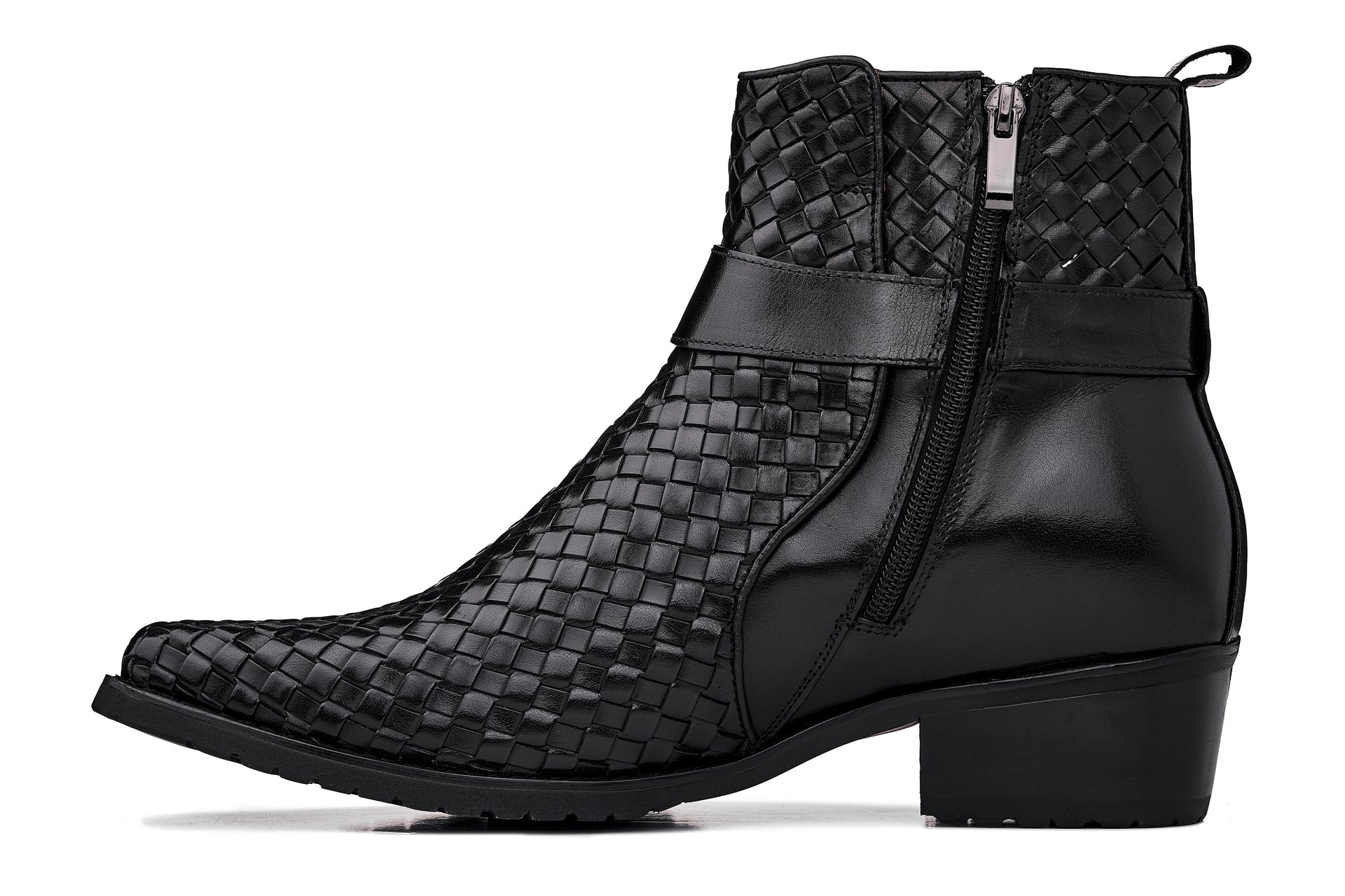 CALTO - K30523 - 3.3 Inches Taller (Black) - Woven High-Top Ankle Buckle Zipper Boots - Triathlete Store