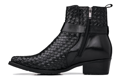 CALTO - K30523 - 3.3 Inches Taller (Black) - Woven High-Top Ankle Buckle Zipper Boots - Triathlete Store