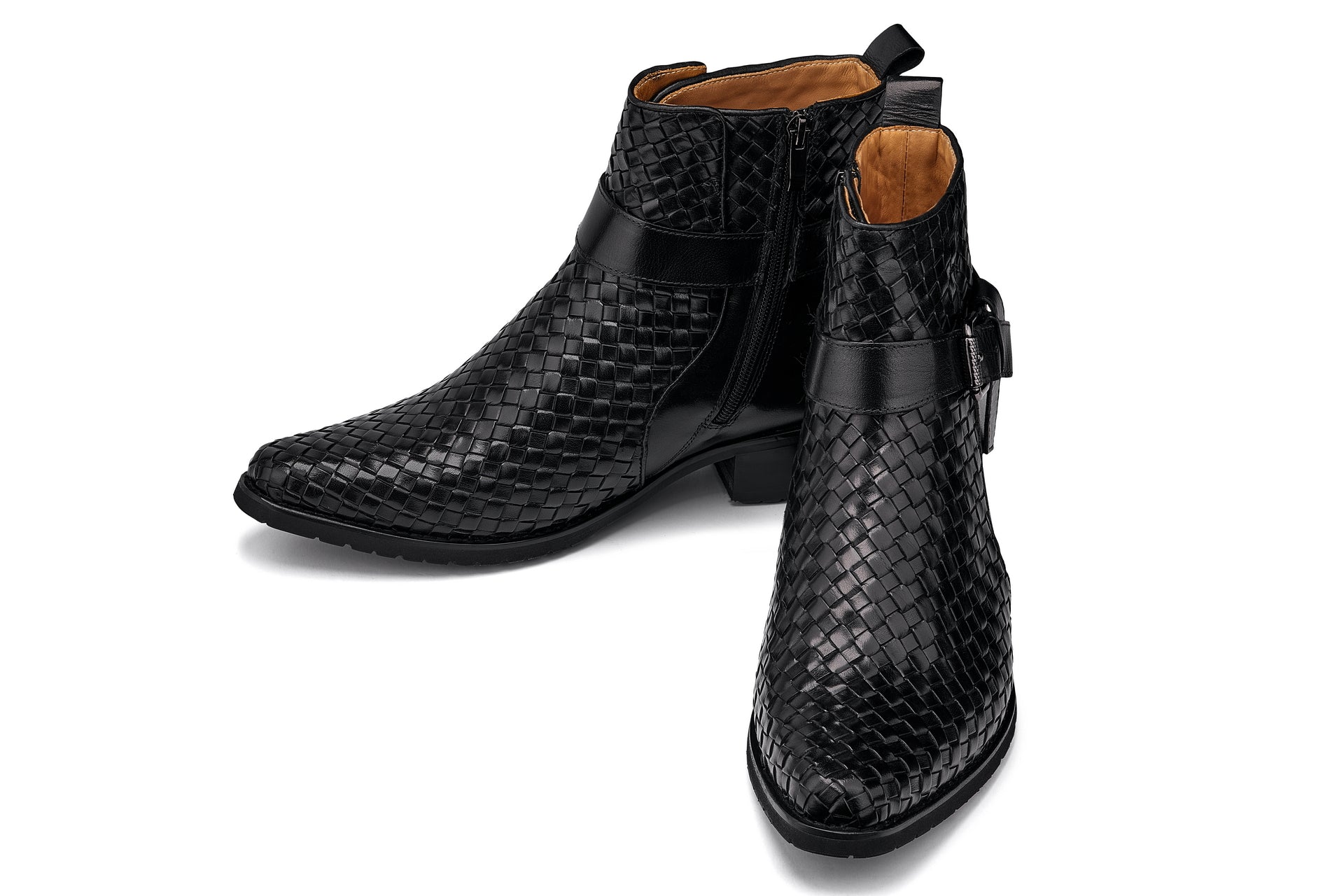 CALTO - K30523 - 3.3 Inches Taller (Black) - Woven High-Top Ankle Buckle Zipper Boots - Triathlete Store