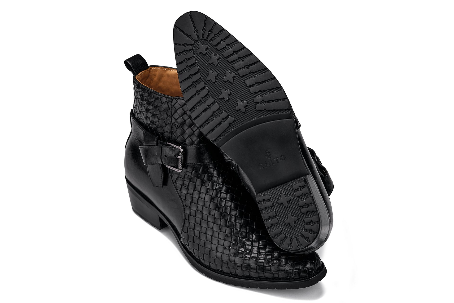 CALTO - K30523 - 3.3 Inches Taller (Black) - Woven High-Top Ankle Buckle Zipper Boots - Triathlete Store