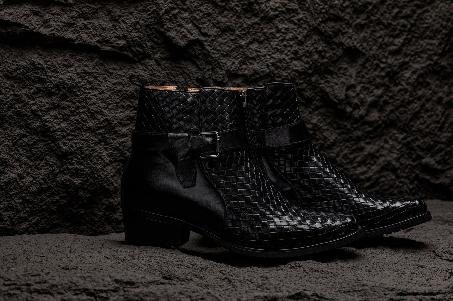 CALTO - K30523 - 3.3 Inches Taller (Black) - Woven High-Top Ankle Buckle Zipper Boots - Triathlete Store