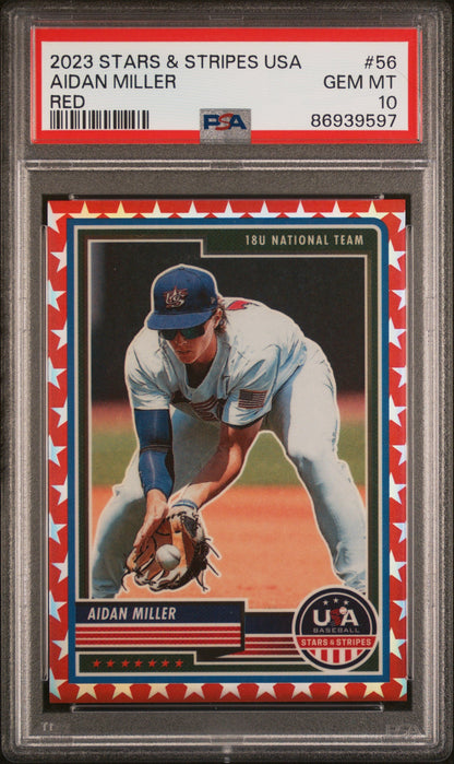 Graded 2023 Panini Stars & Stripes USA Aidan Miller #56 Red #/149 Rookie RC Baseball Card PSA 10 Gem Mint