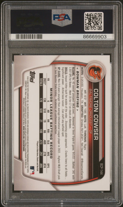 Graded 2023 Topps Bowman Colton Cowser #BCP144 Chrome Prospects Blue Raywave Refractor #/150 Rookie RC Baseball Card PSA 10 Gem Mint