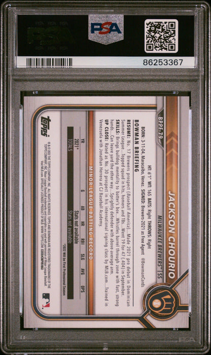 Graded 2022 Topps Bowman 1st Edition Jackson Chourio #BPPF79 Rookie RC Baseball Card PSA 10 Gem Mint