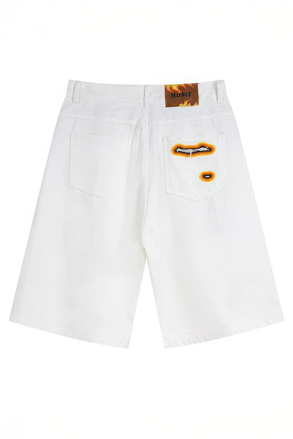 Flame Burnout Distressed Denim Shorts – Bold, Streetwear-Inspired Design