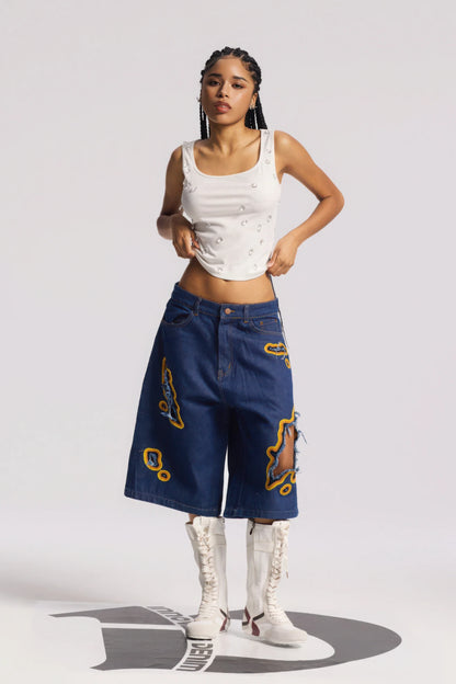 Flame Burnout Distressed Denim Shorts – Bold, Streetwear-Inspired Design