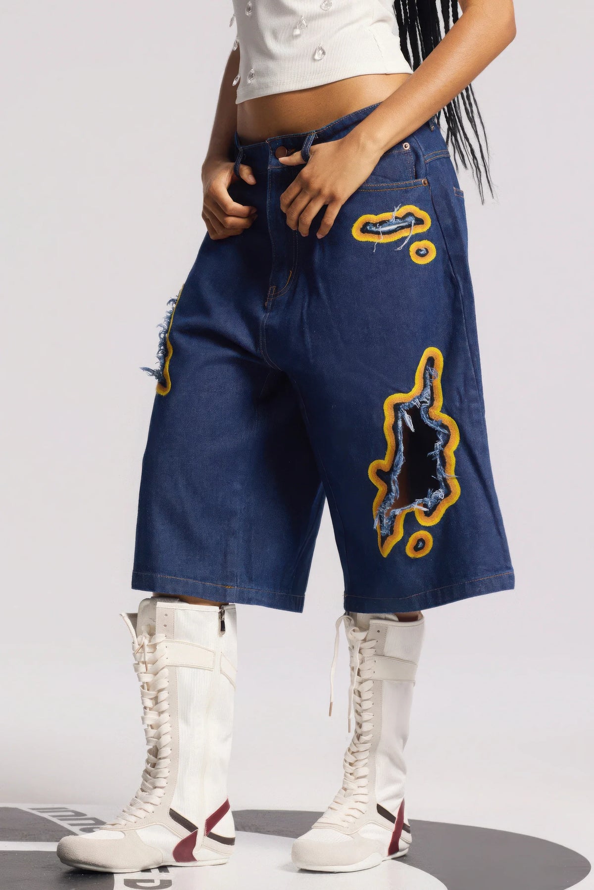 Flame Burnout Distressed Denim Shorts – Bold, Streetwear-Inspired Design