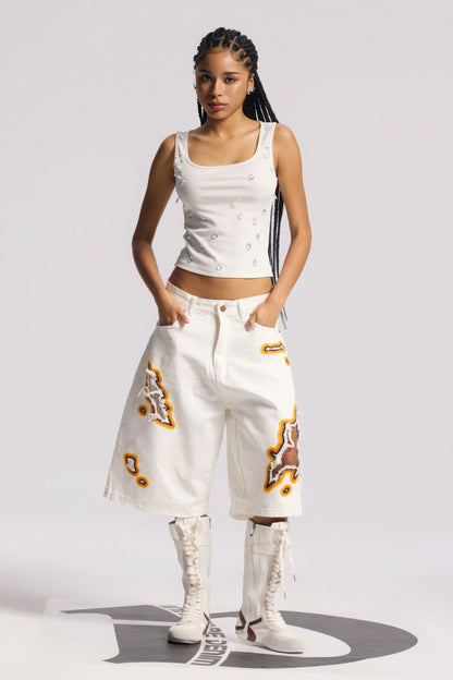Flame Burnout Distressed Denim Shorts – Bold, Streetwear-Inspired Design