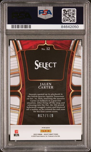 Graded 2023 Panini Select DP Jalen Carter #12 Red Rookie RC Football Card PSA 10 Gem Mint
