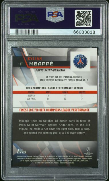 Graded 2018 Topps Finest UCL Kylian Mbappe #50 Green Refractor /99 Soccer Card PSA 10 Gem Mint