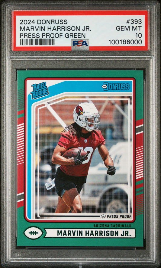 Graded 2024 Panini Donruss Marvin Harrison Jr #393 Press Proof Green Rookie RC Football Card PSA 10 Gem Mint