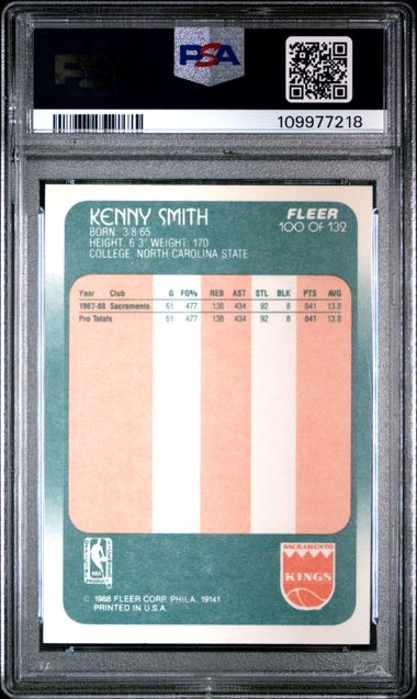 Graded 1988 Fleer Kenny "The Jet" Smith #100 Rookie RC Basketball Card PSA 9 Mint