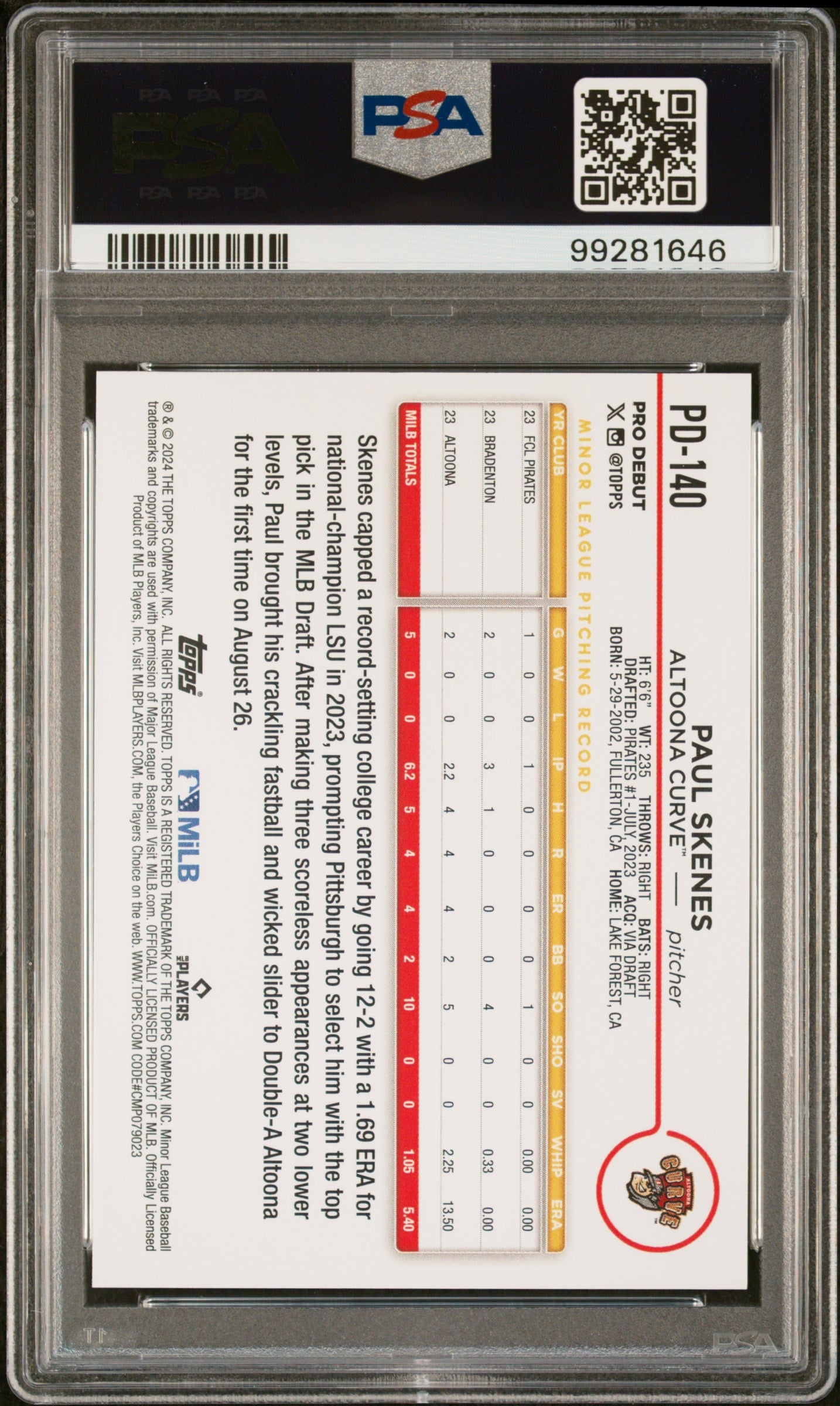 Graded 2024 Topps Pro Debut Paul Skenes #PD140 Rookie RC Baseball Card PSA 9 Mint