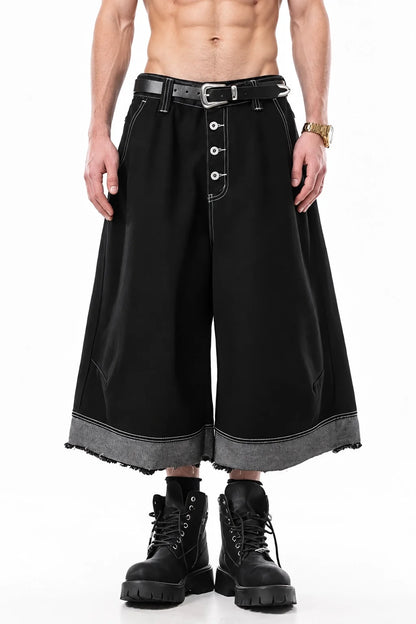 Button-Fly Cropped Jeans - Streetwear Washed Wide Leg Pants