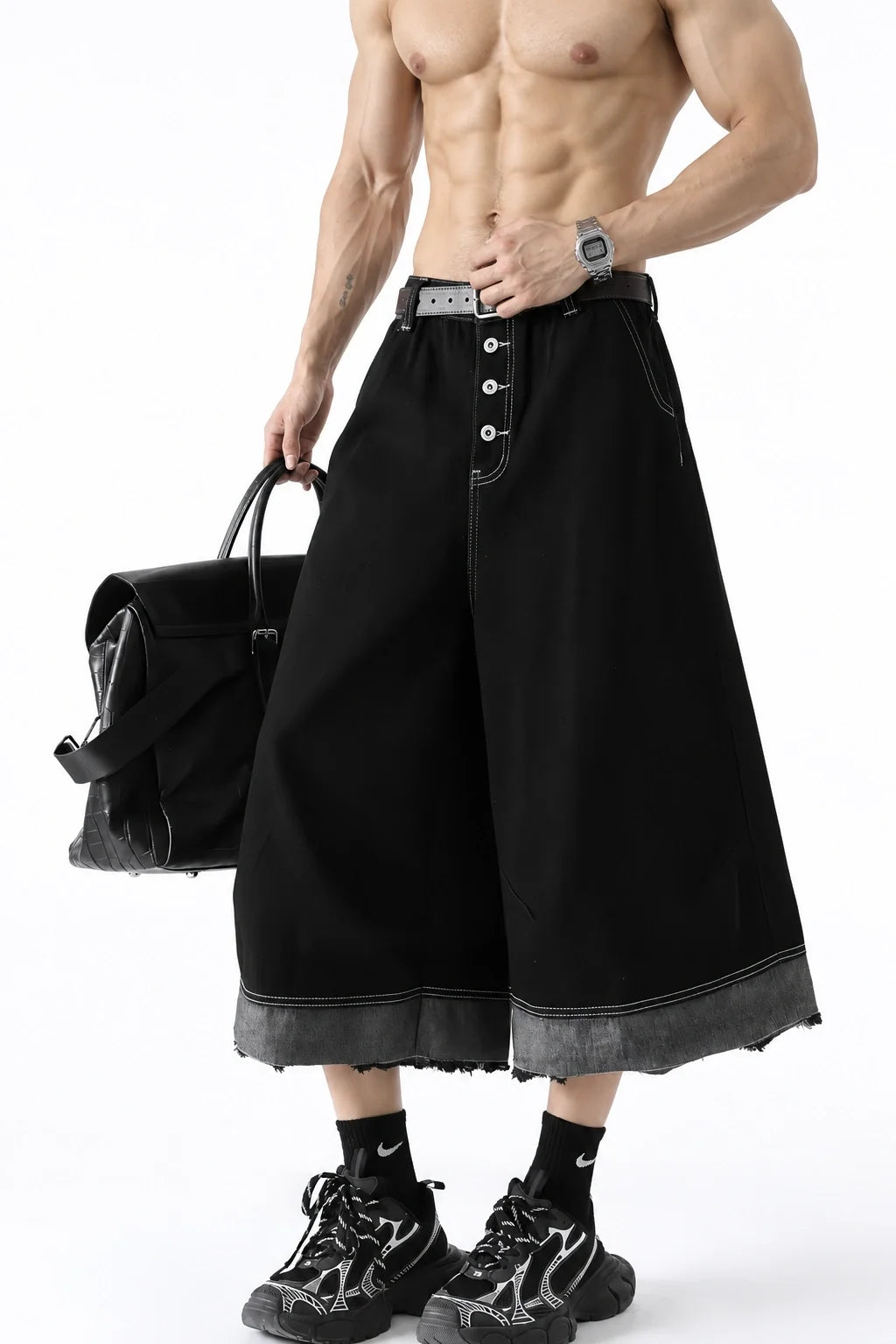 Button-Fly Cropped Jeans - Streetwear Washed Wide Leg Pants