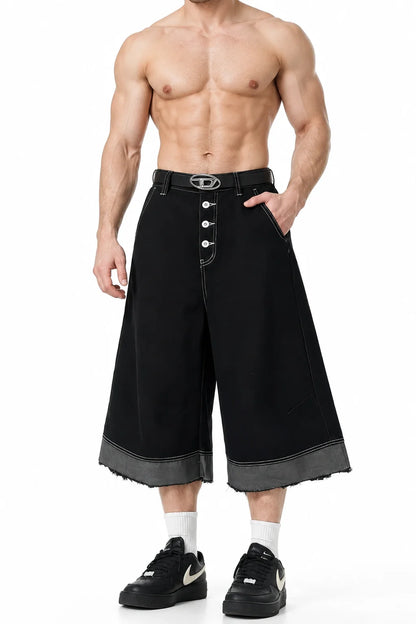 Button-Fly Cropped Jeans - Streetwear Washed Wide Leg Pants