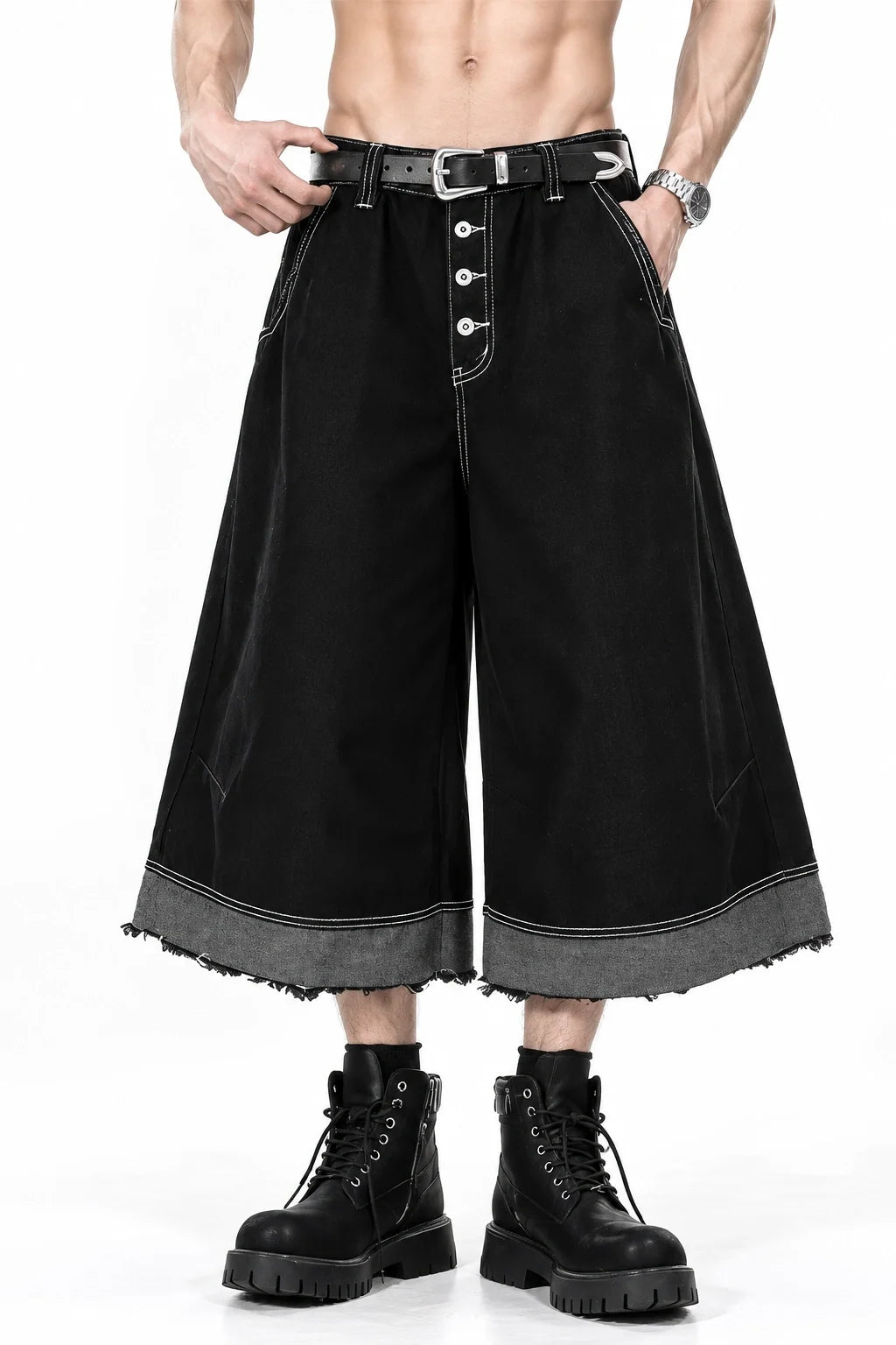Button-Fly Cropped Jeans - Streetwear Washed Wide Leg Pants