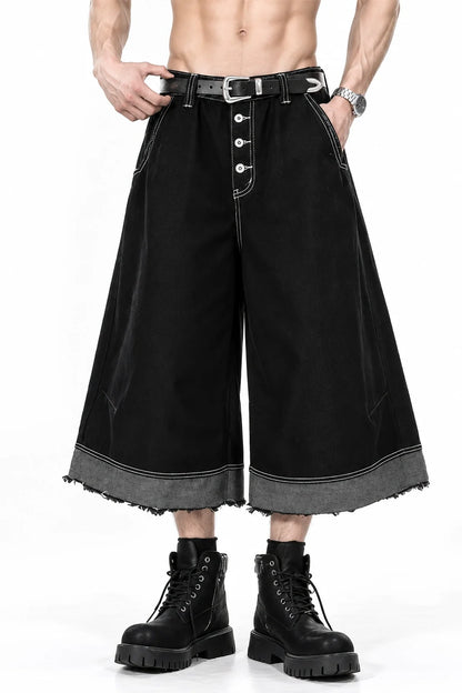 Button-Fly Cropped Jeans - Streetwear Washed Wide Leg Pants