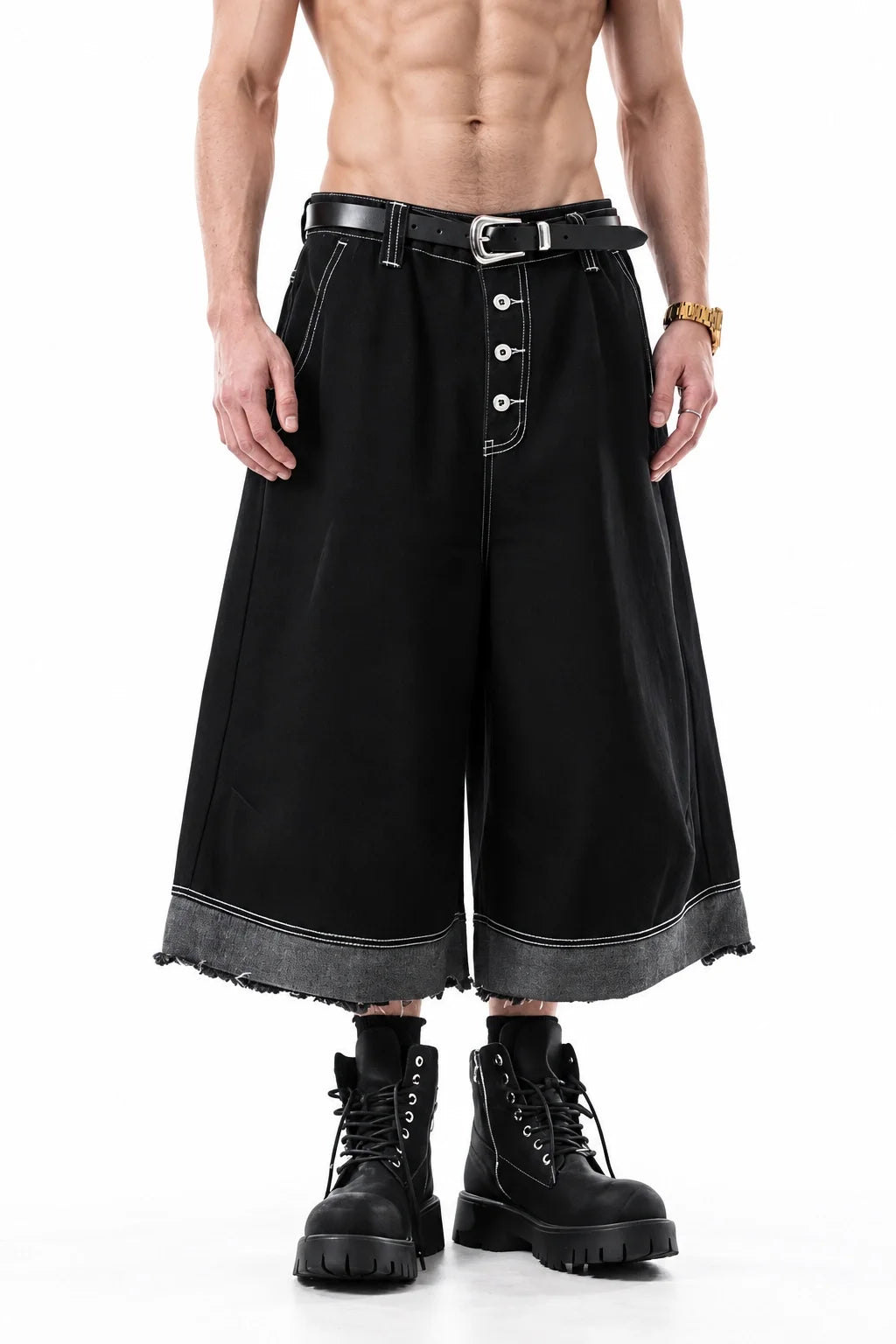 Button-Fly Cropped Jeans - Streetwear Washed Wide Leg Pants