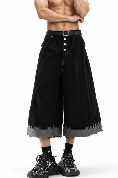 Button-Fly Cropped Jeans - Streetwear Washed Wide Leg Pants