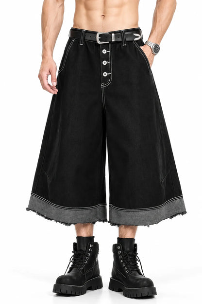Button-Fly Cropped Jeans - Streetwear Washed Wide Leg Pants