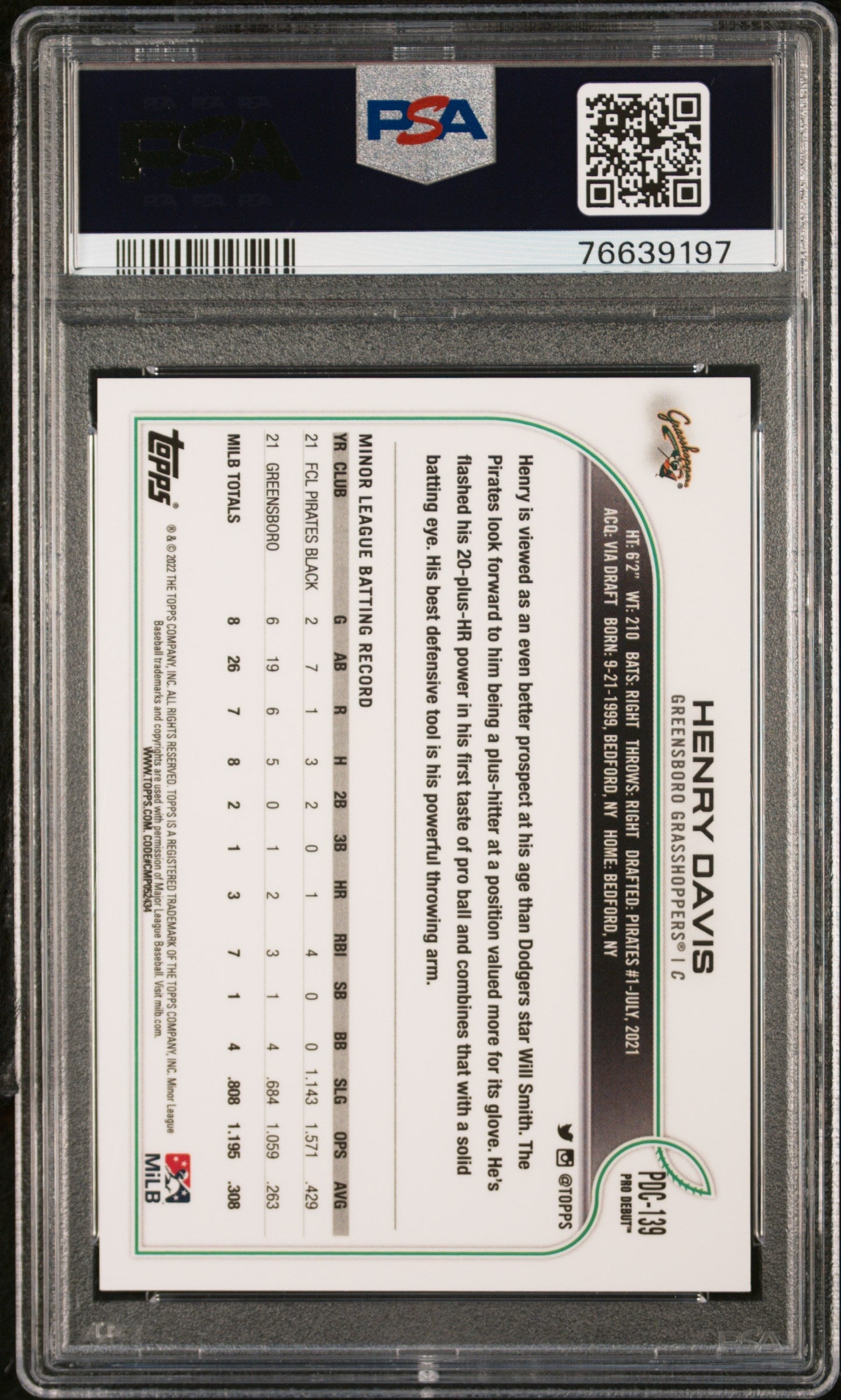 Graded 2022 Topps Pro Debut Henry Davis #PDC139 Chrome Rookie RC Baseball Card PSA 10 Gem Mint