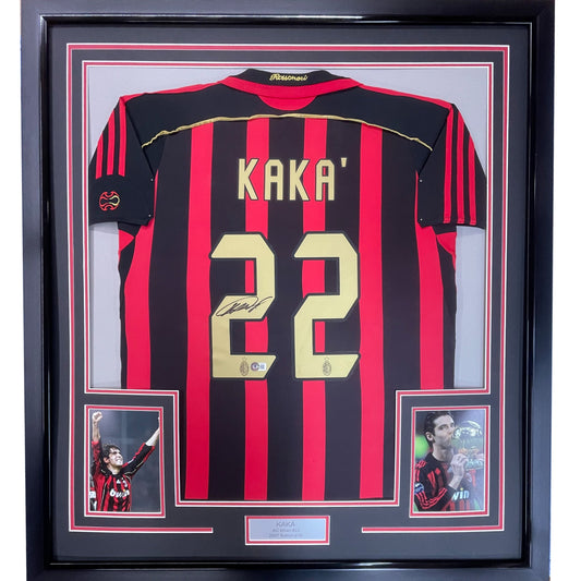 Framed Autographed/Signed Ricardo Kaka 35x39 AC Milan Black/Red Soccer Futbol Jersey Beckett BAS COA