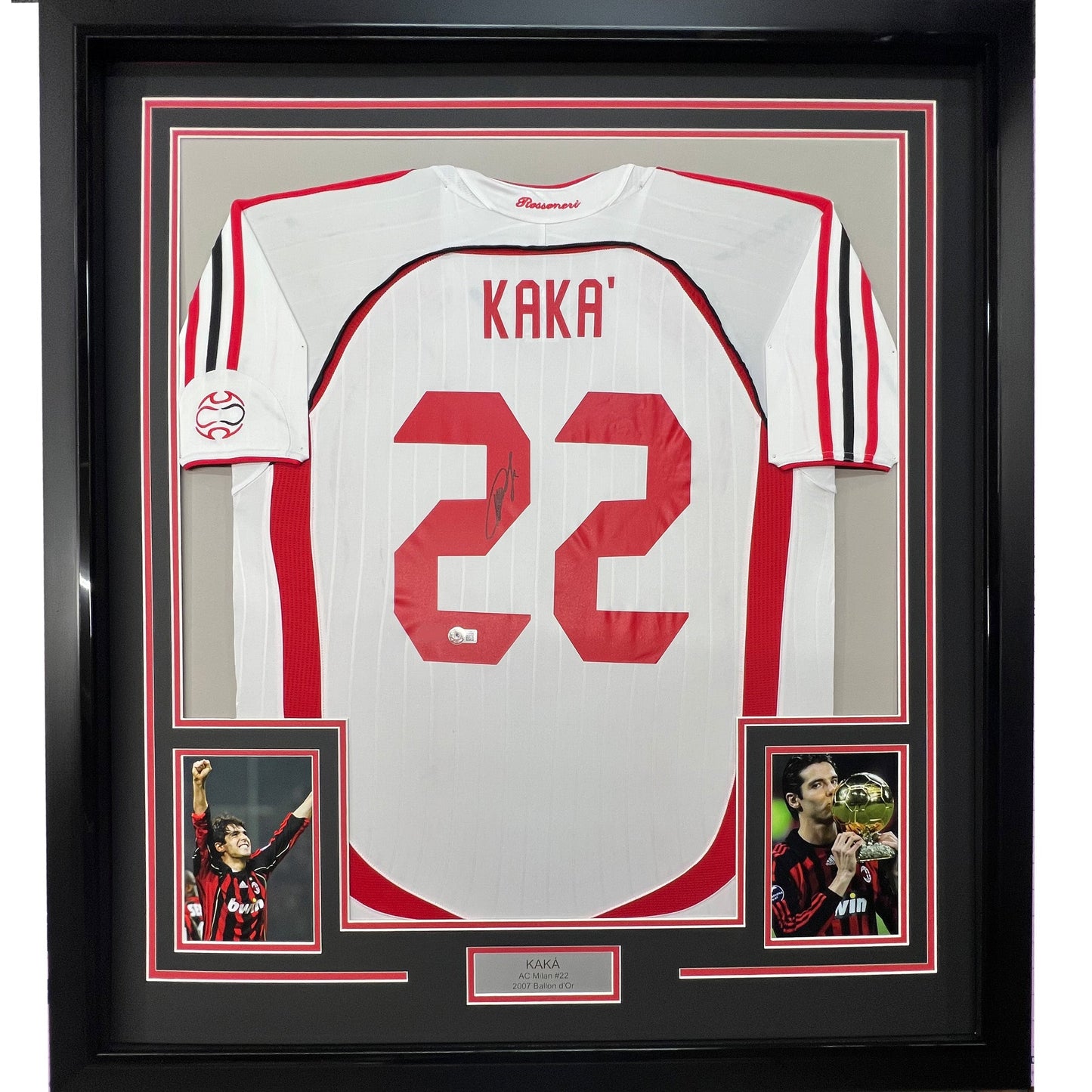 Framed Autographed/Signed Ricardo Kaka AC Milan 35x39 White Soccer Futbol Jersey Beckett BAS COA