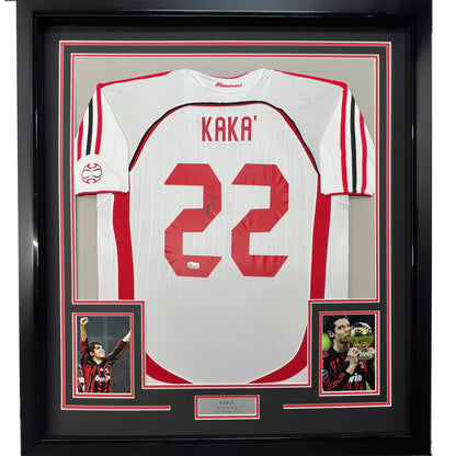 Framed Autographed/Signed Ricardo Kaka AC Milan 35x39 White Soccer Futbol Jersey Beckett BAS COA