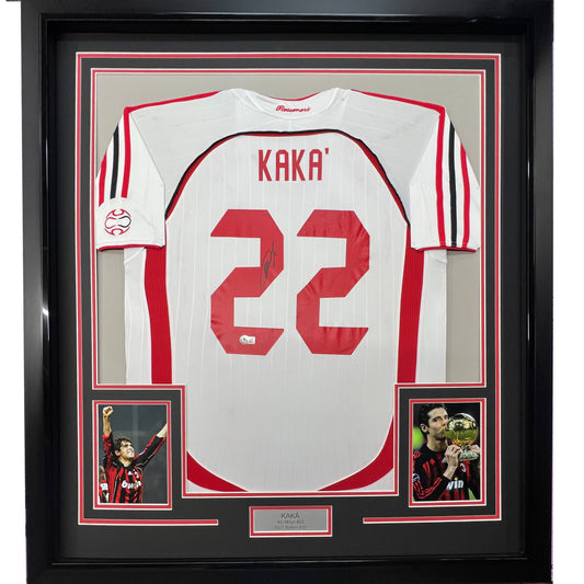 Framed Autographed/Signed Ricardo Kaka AC Milan 35x39 White Soccer Futbol Jersey Beckett BAS COA