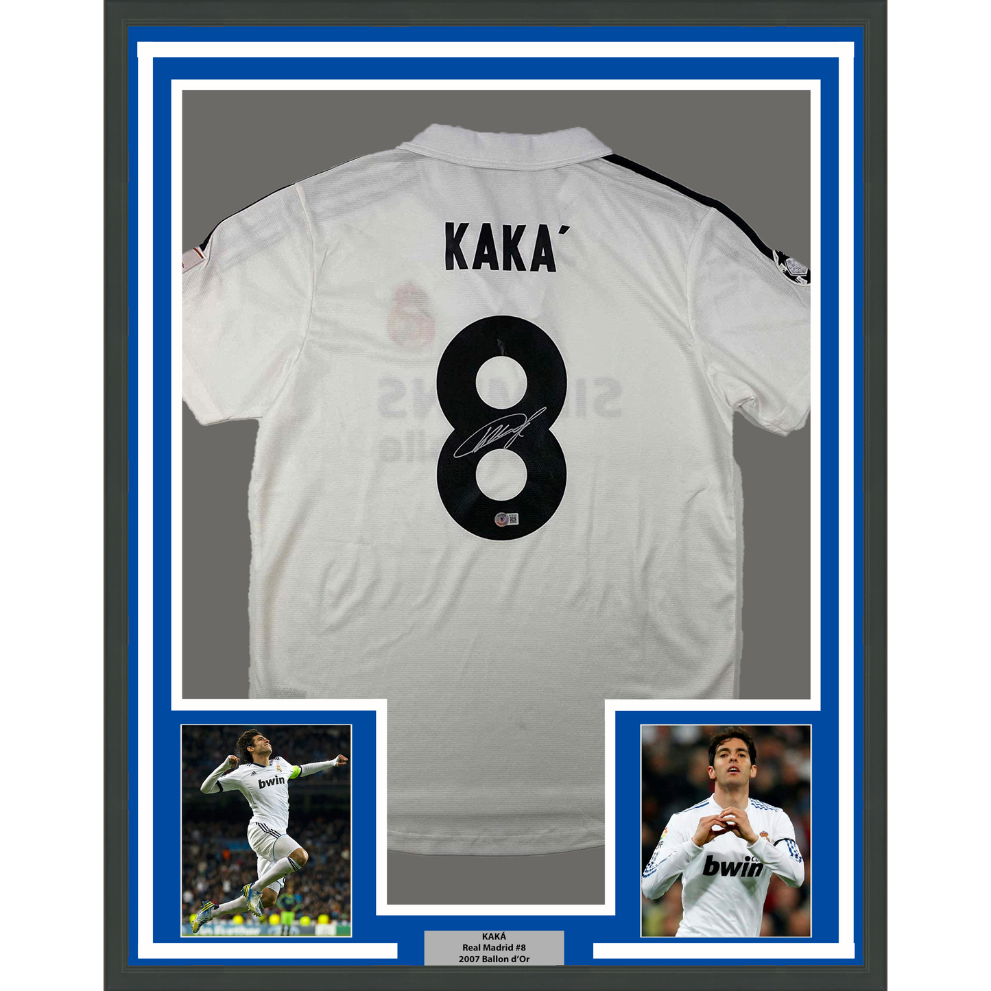 Framed Autographed/Signed Ricardo Kaka 35x39 Real Madrid White Soccer Futbol Jersey Beckett BAS COA