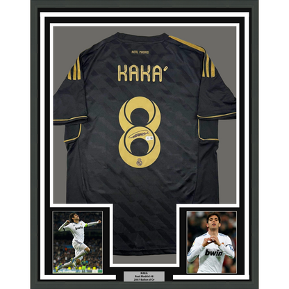 Framed Autographed/Signed Ricardo Kaka 35x39 Real Madrid Black Retro Soccer Futbol Jersey Beckett BAS COA