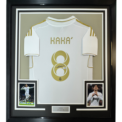 Framed Autographed/Signed Ricardo Kaka 35x39 Real Madrid White/Gold Retro Soccer Futbol Jersey Beckett BAS COA