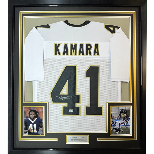 Framed Autographed/Signed Alvin Kamara 35x39 New Orleans White Football Jersey Beckett BAS COA