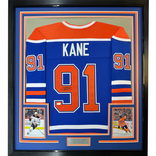 Framed Autographed/Signed Evander Kane 35x39 Edmonton Blue Hockey Jersey JSA COA