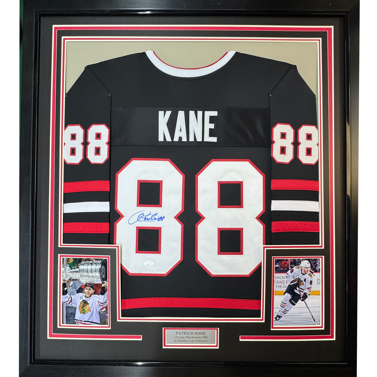 Framed Autographed/Signed Patrick Kane 35x39 Chicago Black Hockey Jersey JSA COA