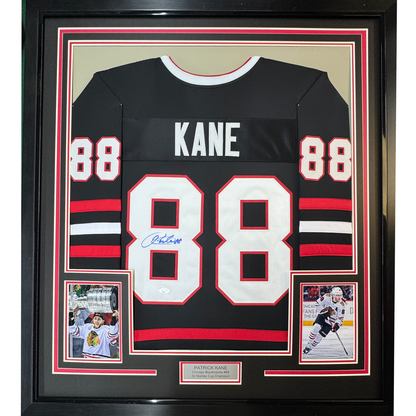 Framed Autographed/Signed Patrick Kane 35x39 Chicago Black Hockey Jersey JSA COA