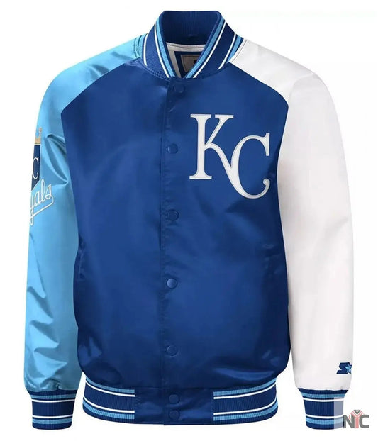 Kansas City Royals Reliever Royal and Varsity Satin Jacket